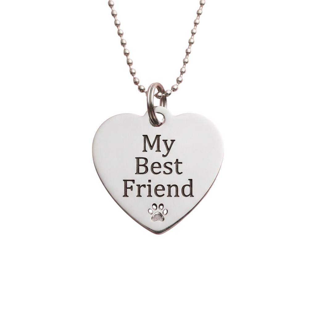Heart-shaped silver necklace pendant with My Best Friend engraved and a paw print at the bottom