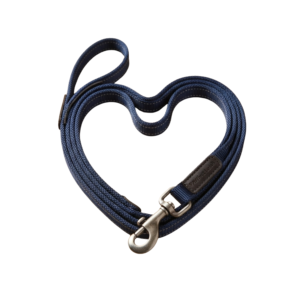 A heart-shaped navy blue dog leash with a metal carabiner clip attached.