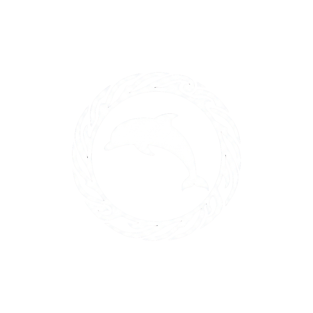 White dolphin inside a laurel wreath on a black background