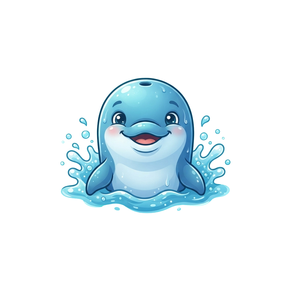 A cheerful cartoon dolphin with blue and white colors splashing water around it