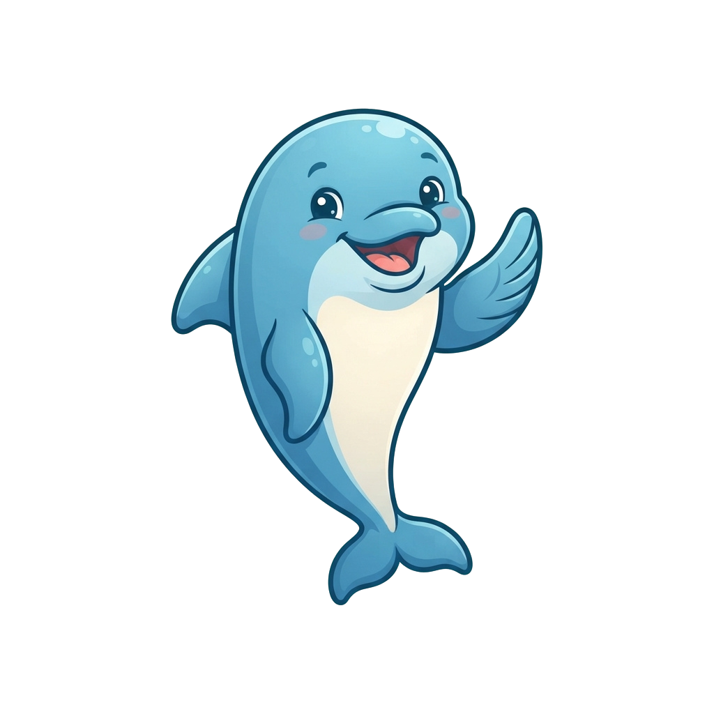 A cheerful cartoon dolphin waving with a smile on a black background