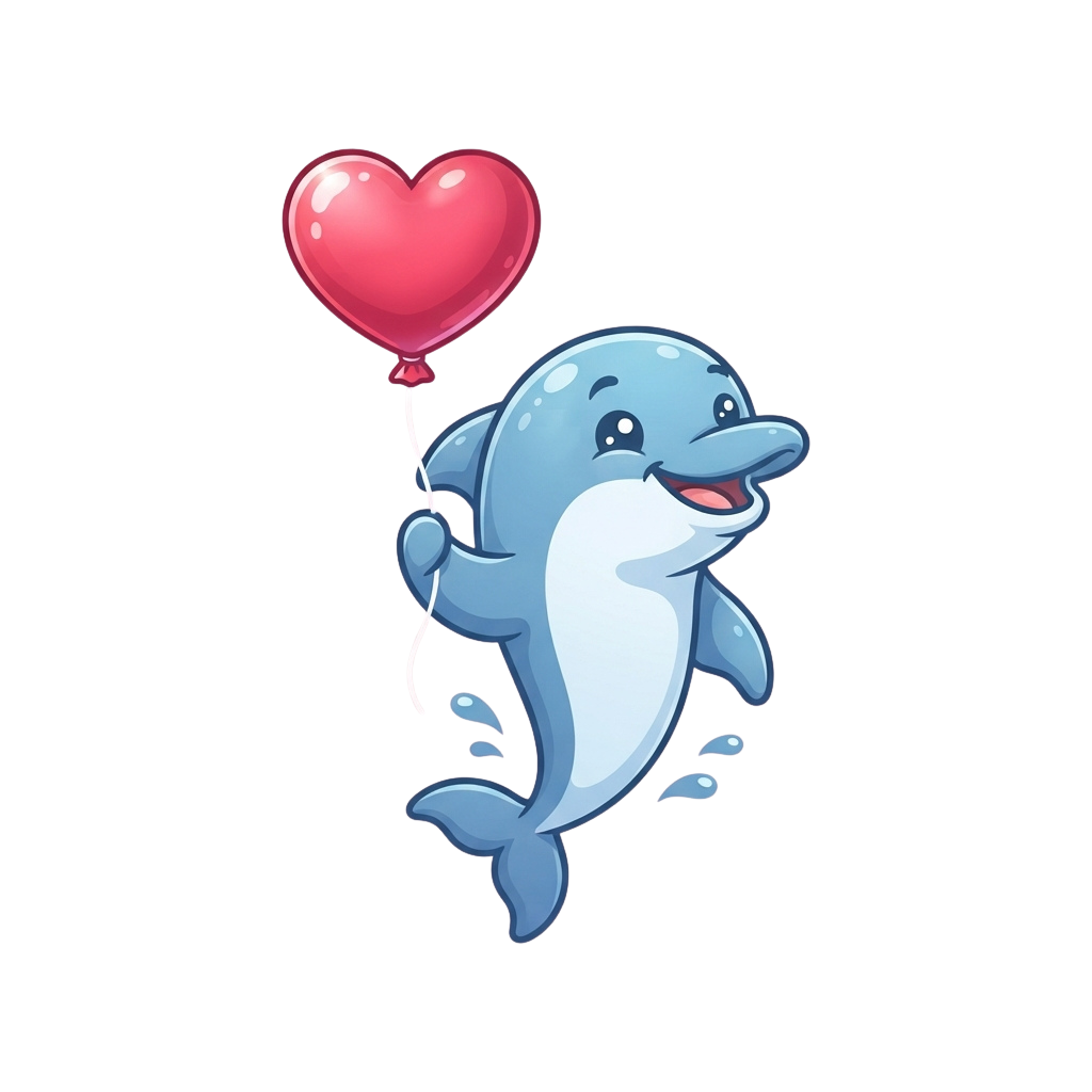 A cheerful cartoon dolphin holding a red heart-shaped balloon with a string