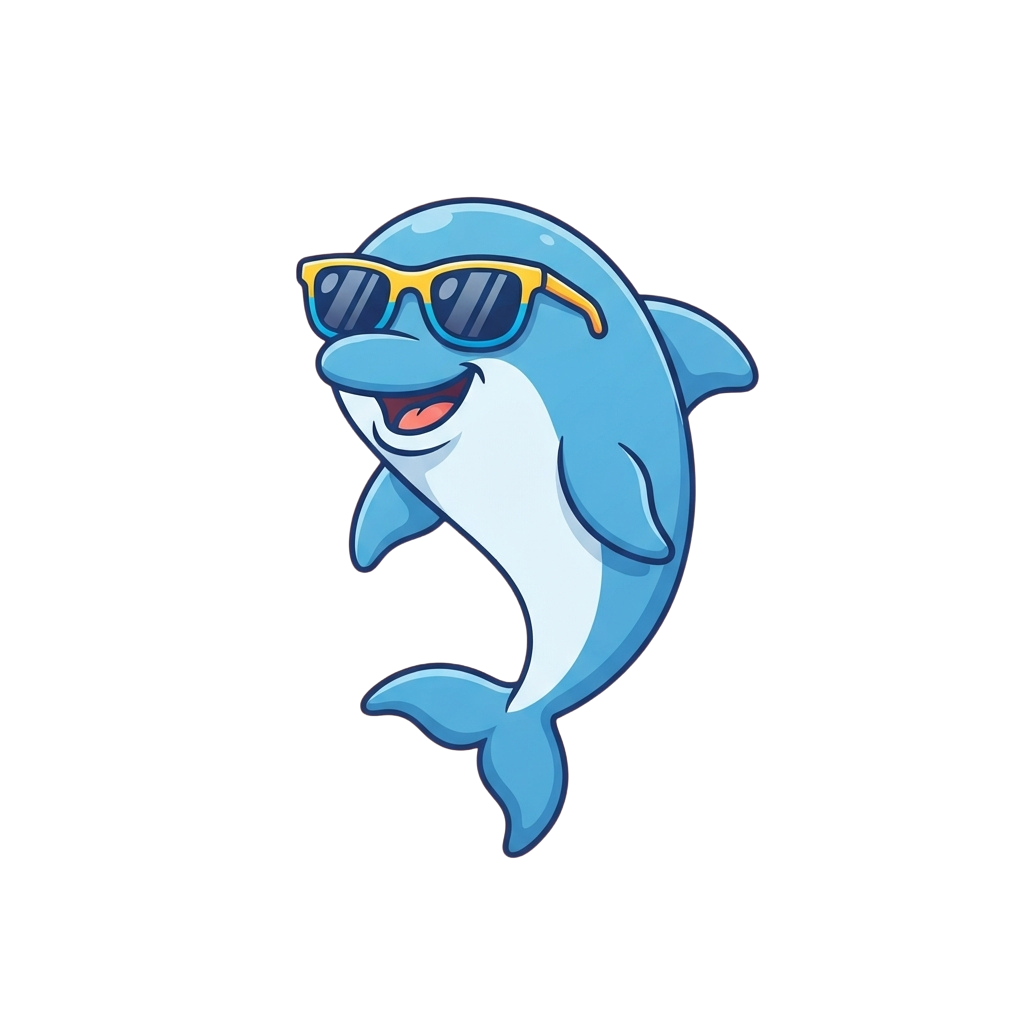 A cheerful cartoon dolphin wearing yellow sunglasses and smiling