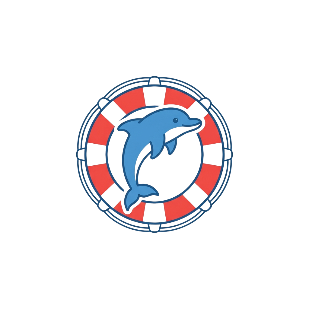 A blue dolphin inside a red and blue life buoy symbol on a black background