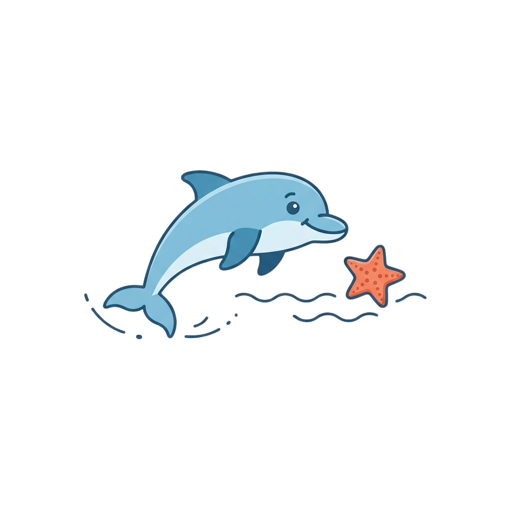 A smiling cartoon dolphin swimming near a starfish in the ocean