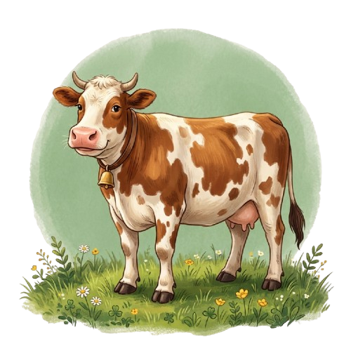 A friendly brown and white spotted cow standing on green grass with small flowers around it