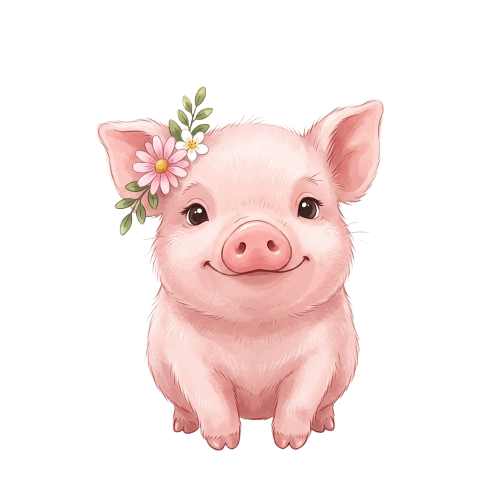 A cute cartoon piglet with a flower and leaf crown sitting happily