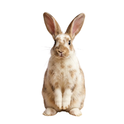 A light beige rabbit sitting upright with large ears and a neutral expression against a black background