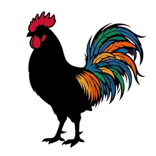 A stylized rooster with a black body, red comb and wattles, and vibrant rainbow-colored feathers on its tail.