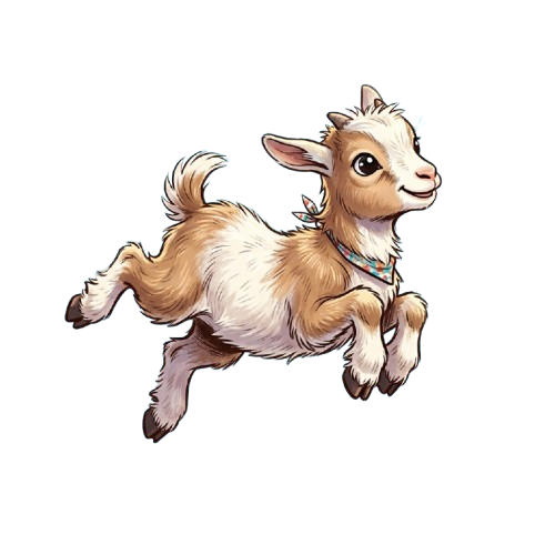 A cartoon baby goat mid-jump with fluffy fur and a collar, set against a black background