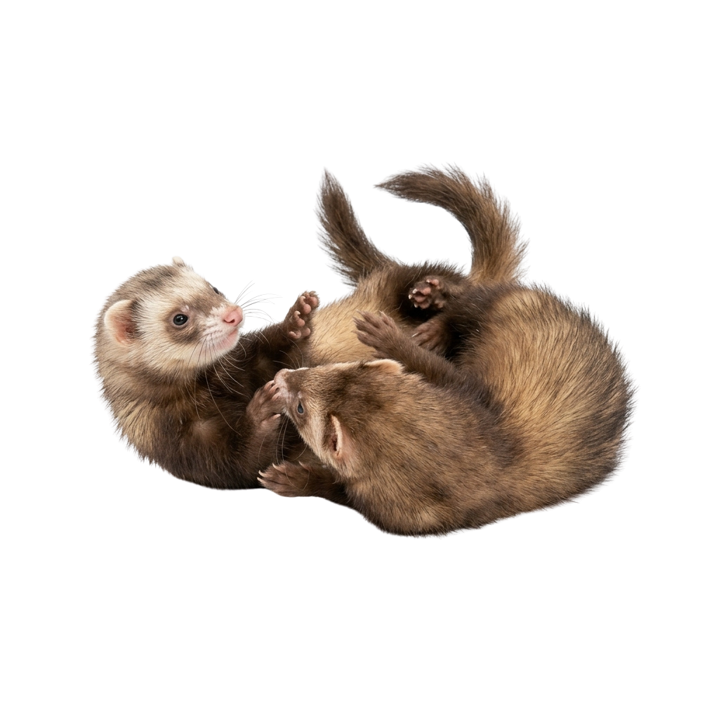 Two brown ferrets rolling and playfully wrestling on a dark background