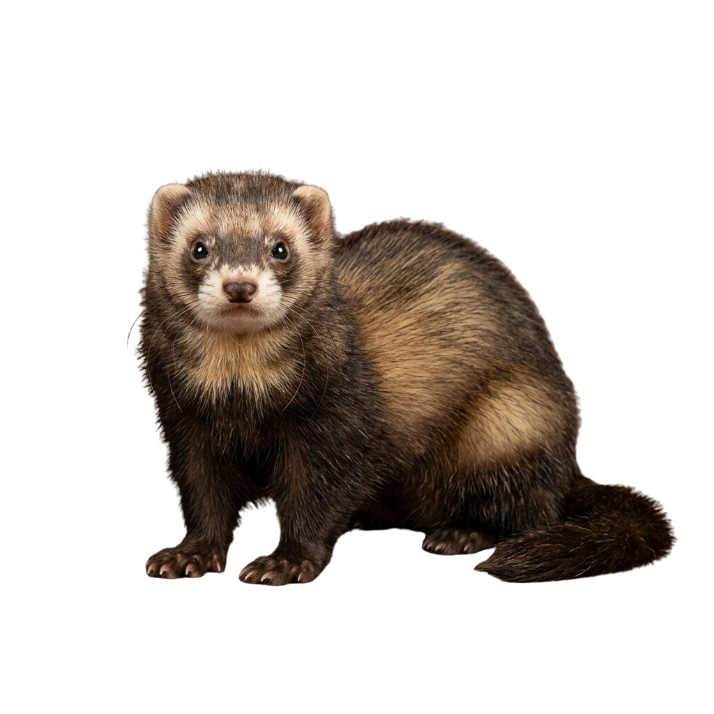 A ferret with brown and black fur sitting upright on a black background