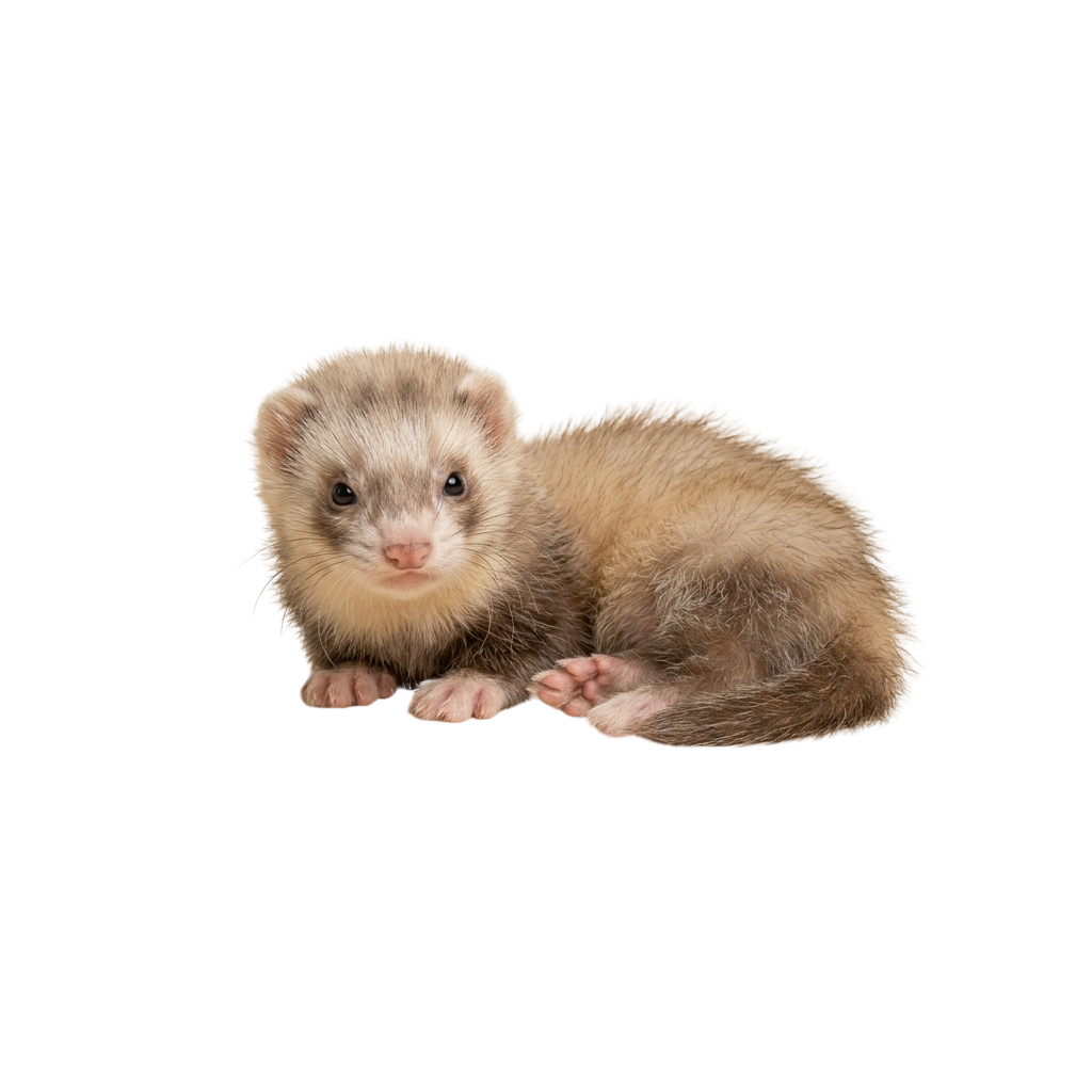 A light brown ferret puppy lying on its side with paws stretched out