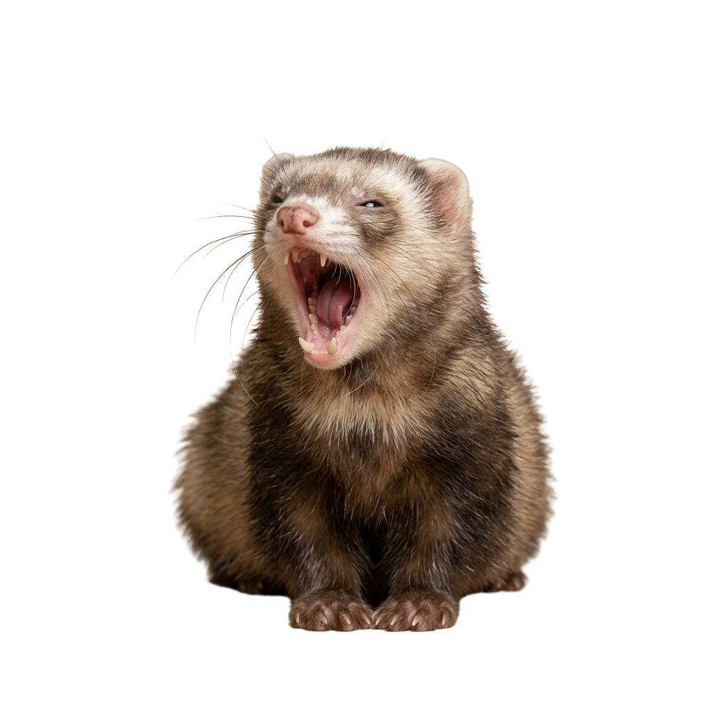 A ferret sitting upright on its hind legs with its mouth open and tongue out