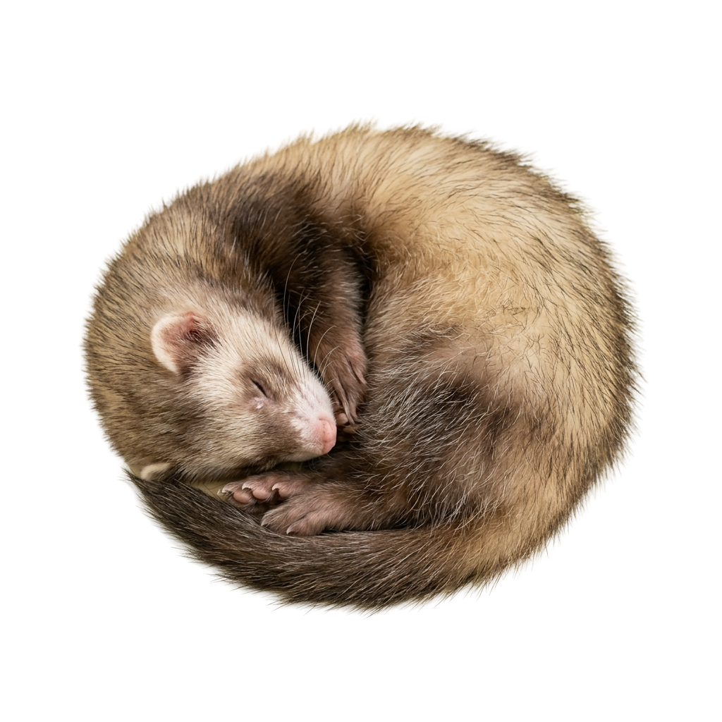 A sleeping ferret curled up tightly in a ball with its head resting on its body