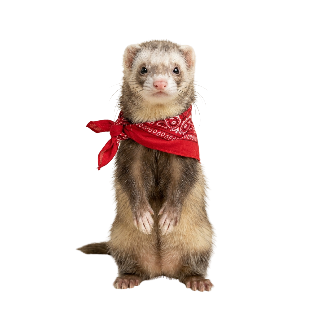 A ferret standing on hind legs with a red bandana tied around its neck