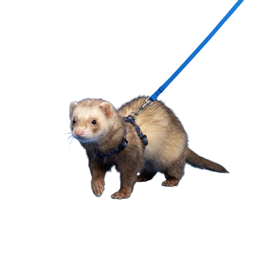 A ferret wearing a harness and leash, standing on a dark background