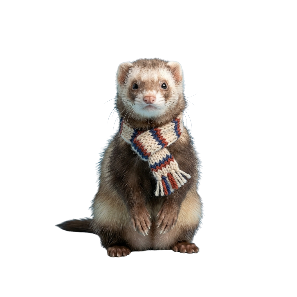 Ferret sitting upright with a colorful knitted scarf around its neck