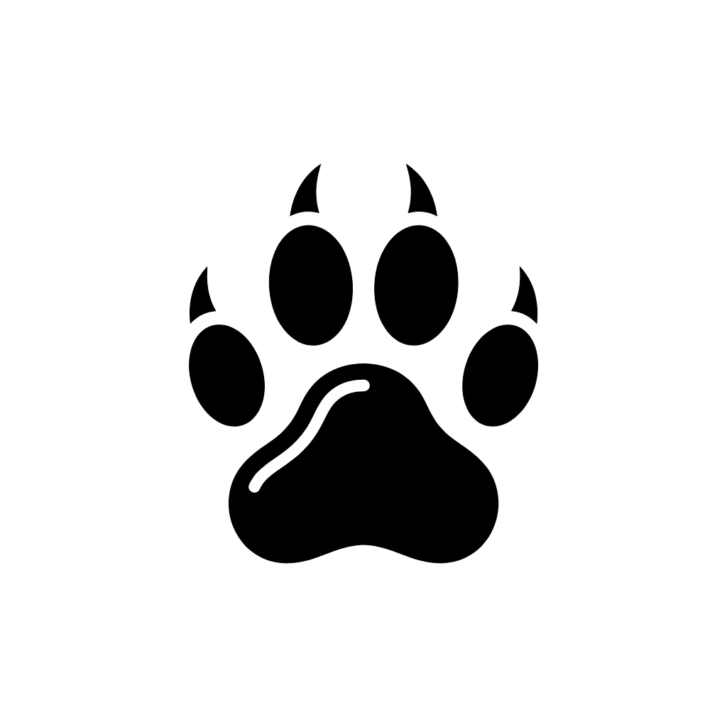 White line drawing of a cat paw with four toe pads and claw marks