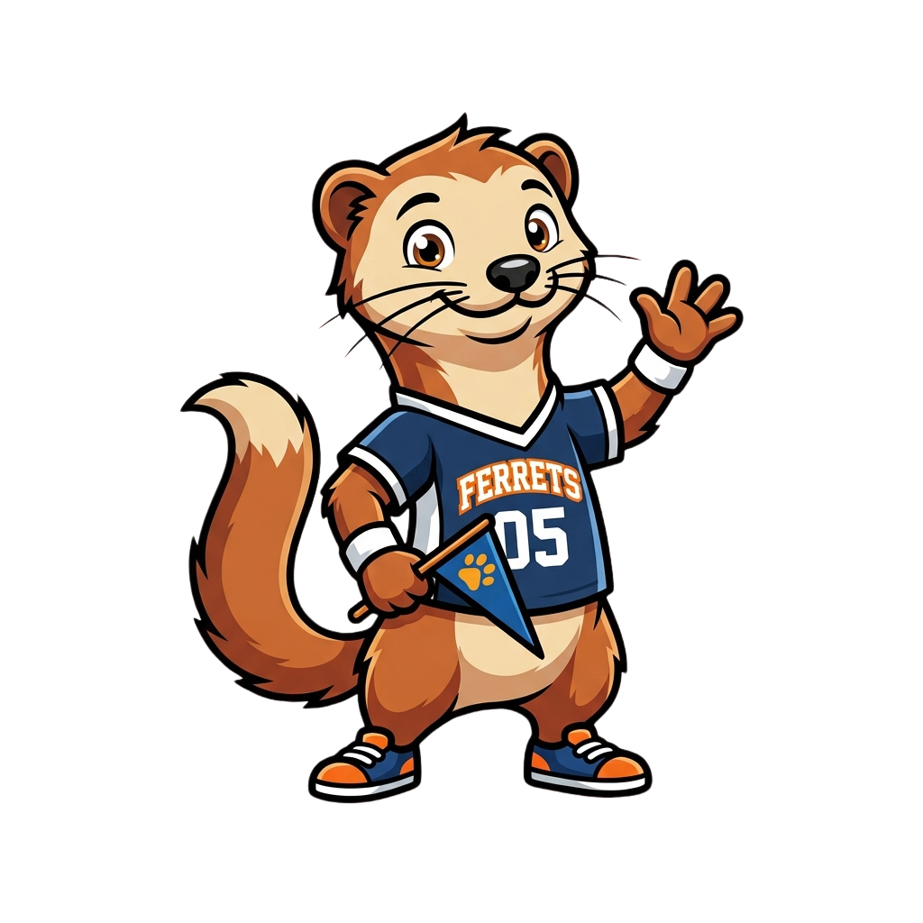 Cartoon ferret mascot wearing a blue sports jersey with number 05, waving with right hand and holding a flag