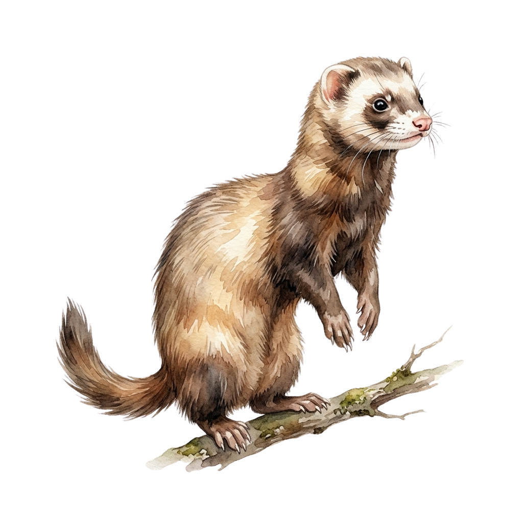 Illustration of a light brown ferret standing on a small branch with a bushy tail