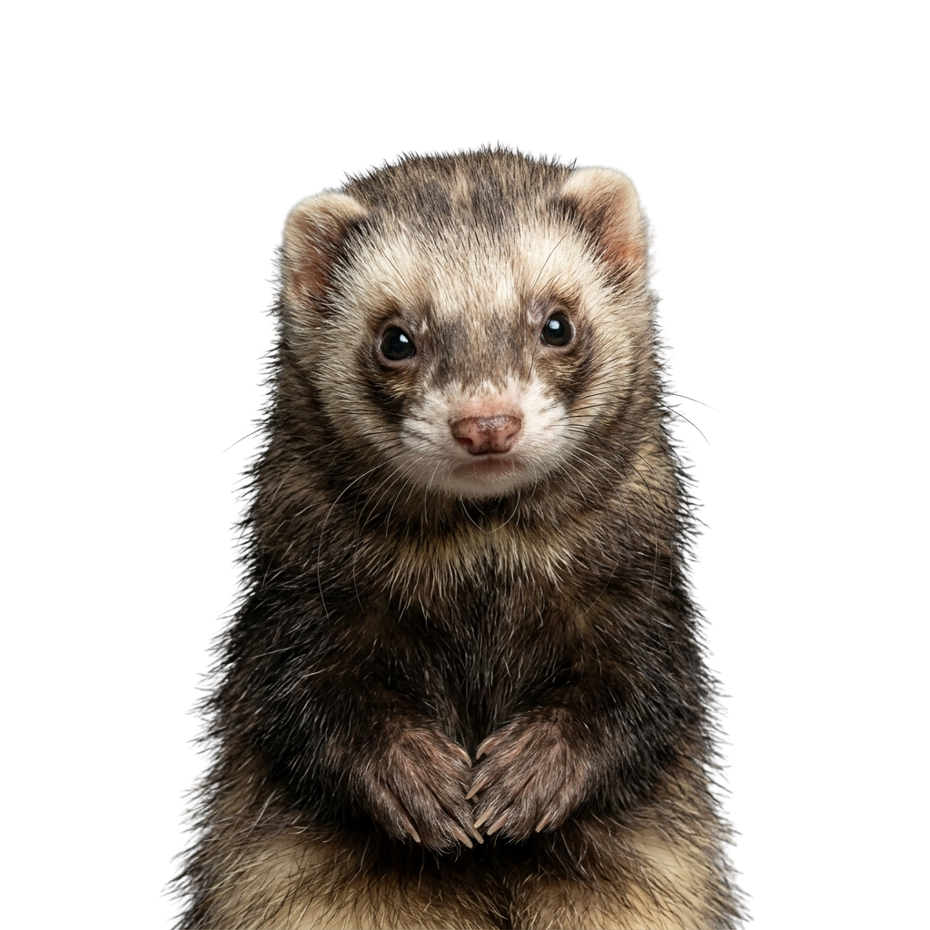 Close-up of a ferret with soft brown and black fur, bright eyes, and small pink nose