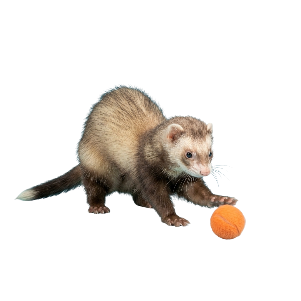 A brown ferret reaching out to an orange ball on a black background