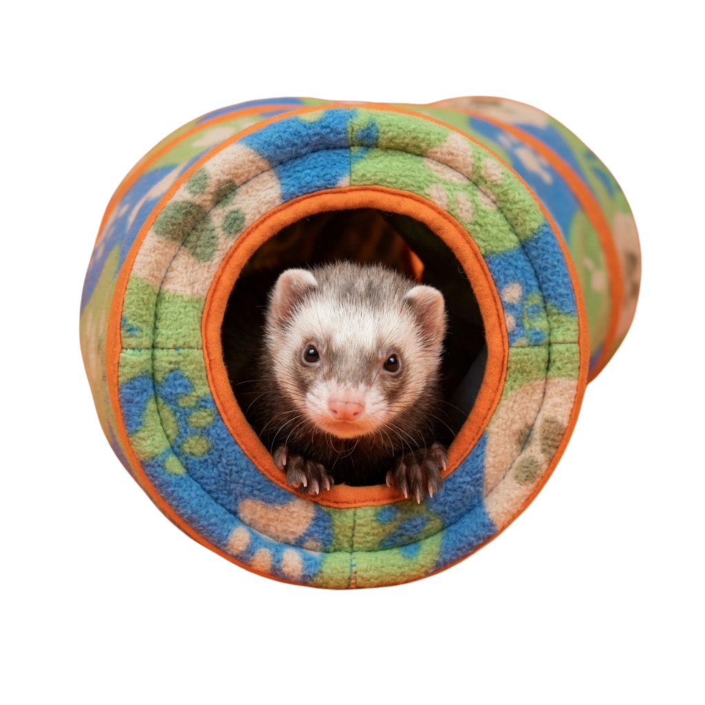 A ferret looking out from a colorful, plush tunnel toy with blue, green, and orange patterns.