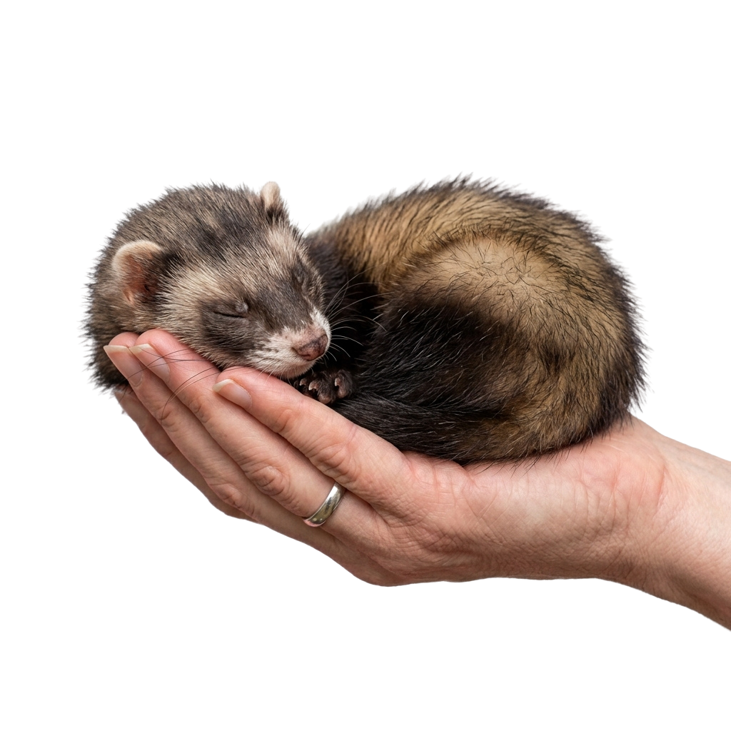 A small ferret curled up asleep in a person's cupped hand.