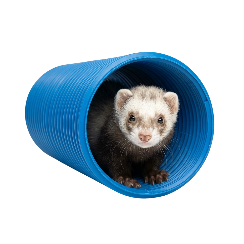 A ferret looking out from inside a blue plastic tunnel