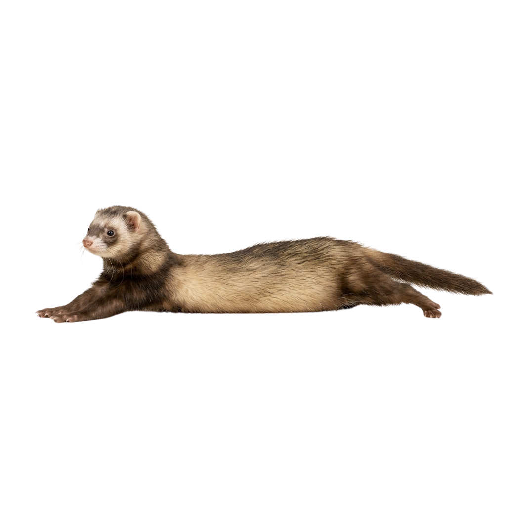 A light brown ferret lying on its side against a black background