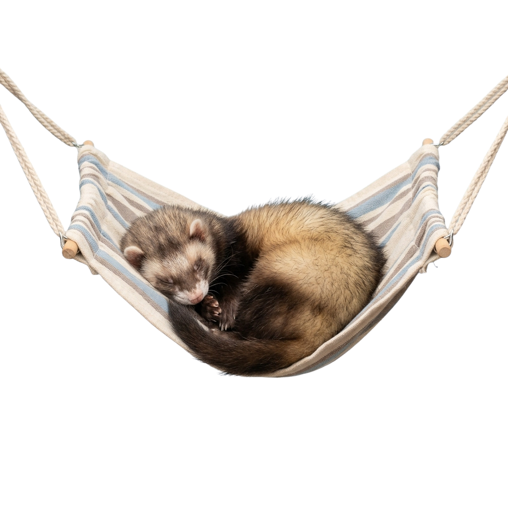A ferret curled up and sleeping in a white and blue striped hanging hamock