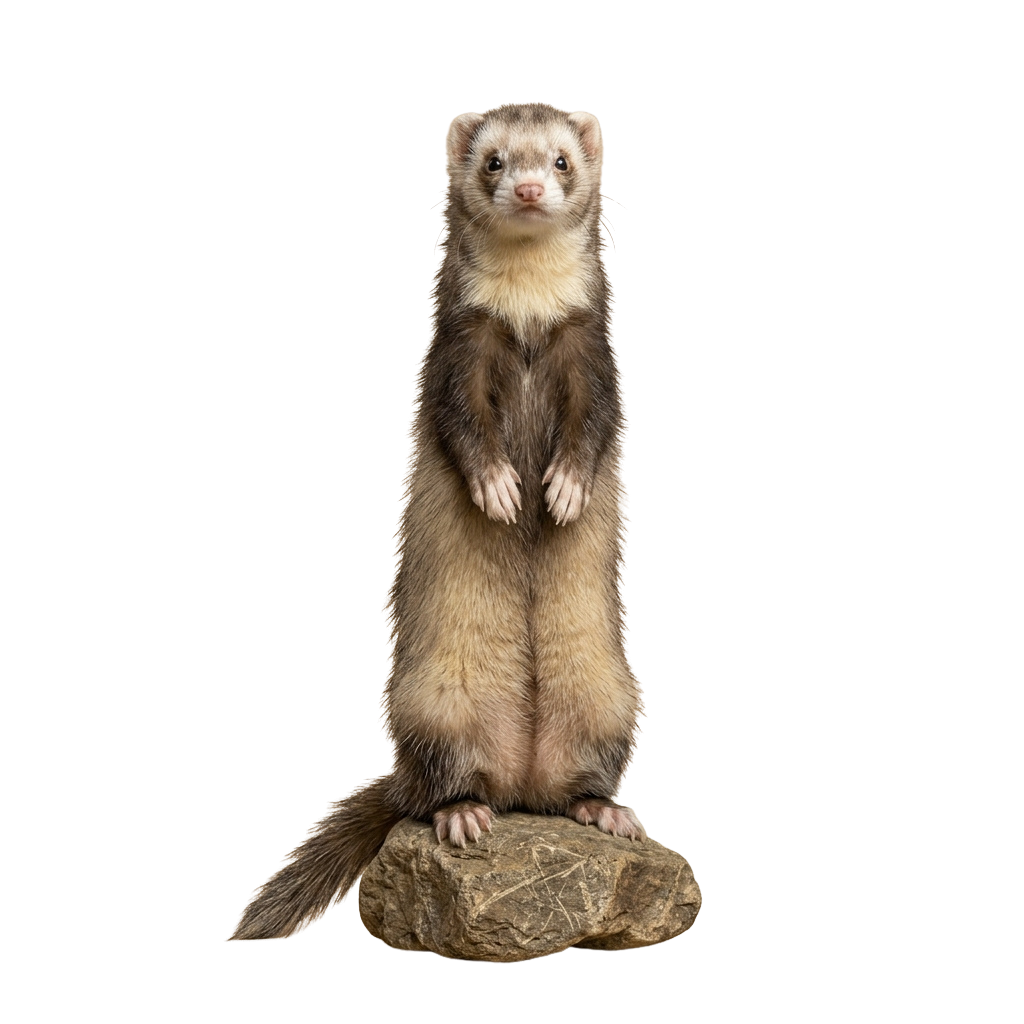 A ferret standing upright on a rock with a neutral expression and detailed fur texture