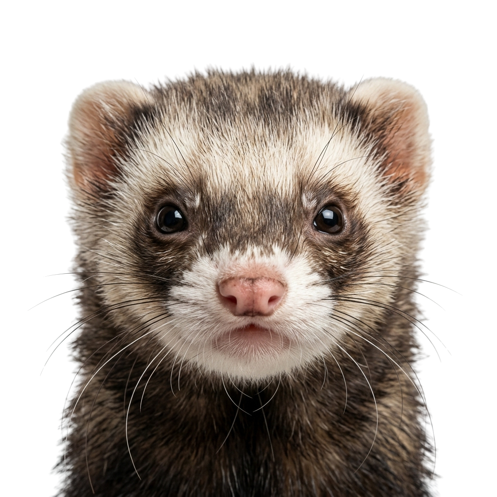 Ferret with brown and white fur looking directly at the camera