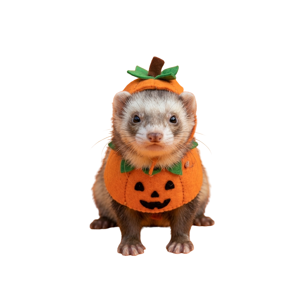 Ferret in an orange pumpkin costume with green stem and leaf accents, smiling at the camera