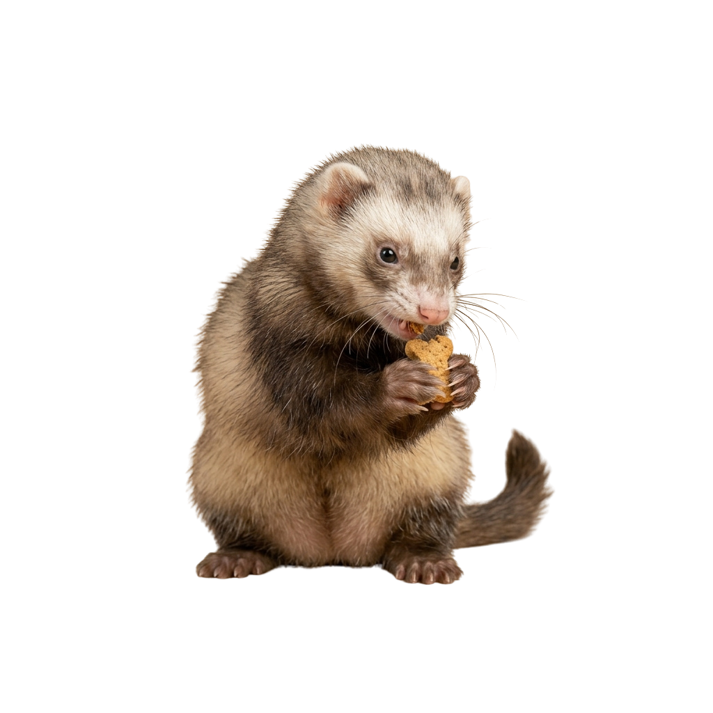 A light brown ferret sitting and eating a small piece of food.