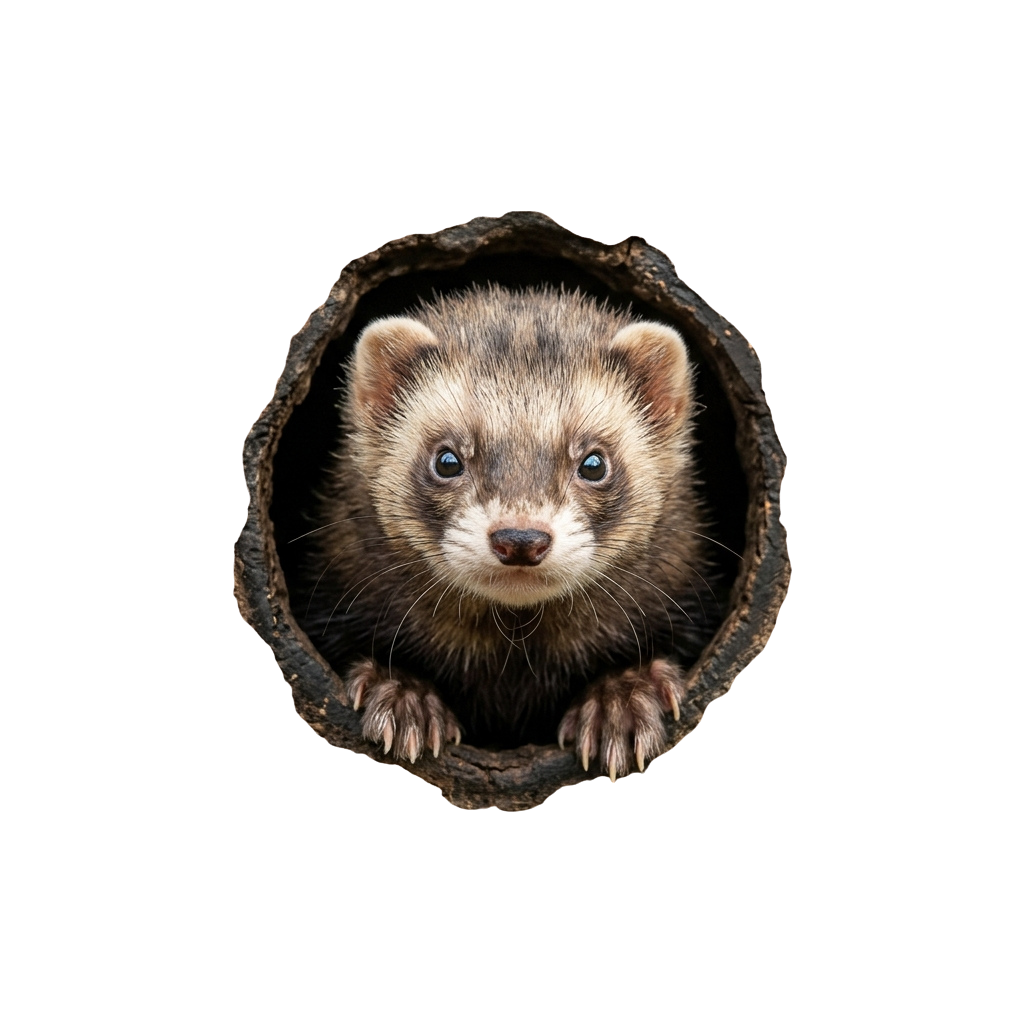 A ferret with light brown fur and blue eyes peeking out from a hollowed log.