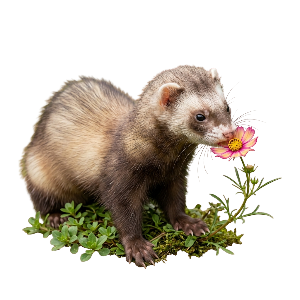 A ferret holding and nibbling a small pink flower on green foliage