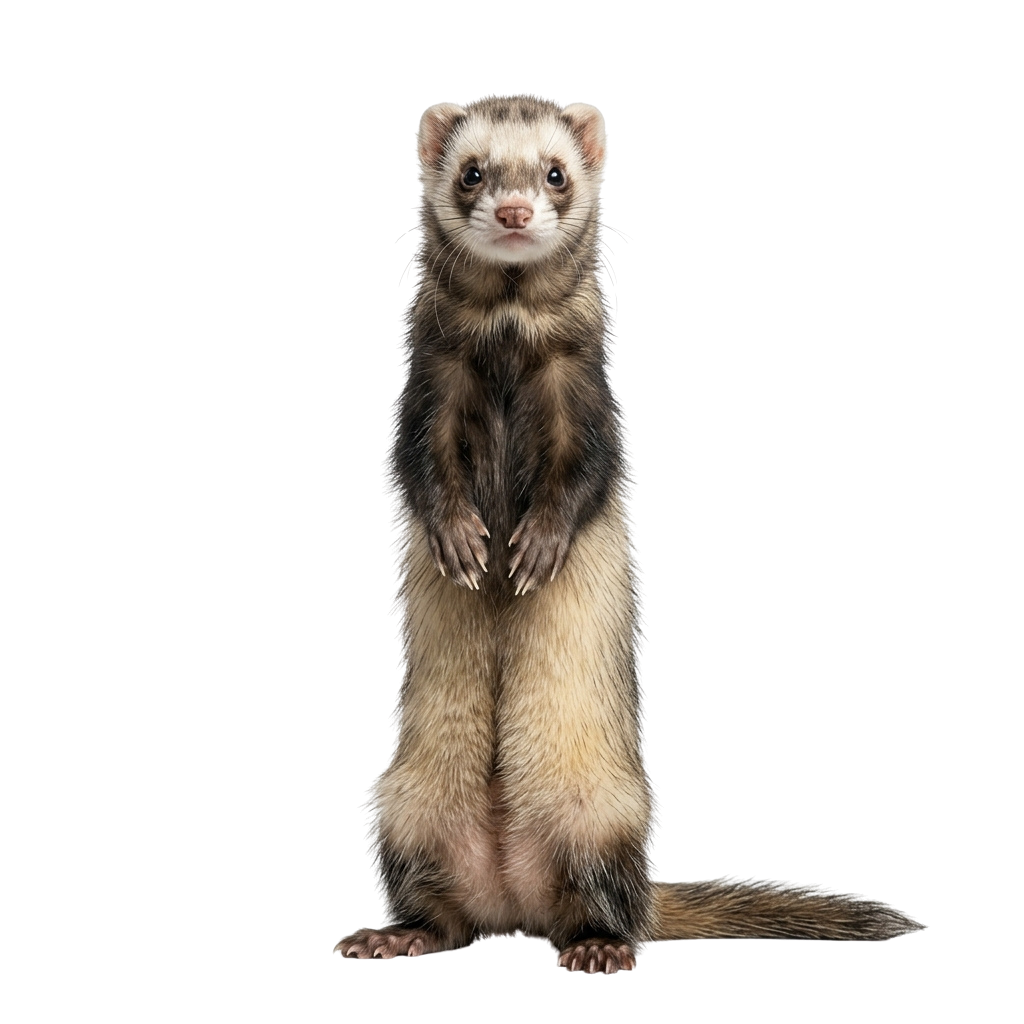 A ferret standing upright on its hind legs with front paws raised against a black background
