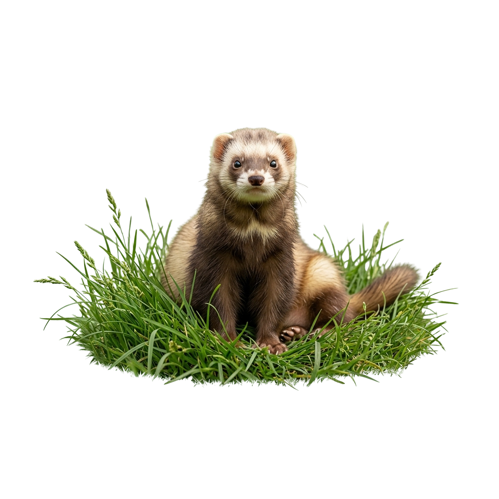 A ferret sitting upright on a patch of green artificial grass against a black background