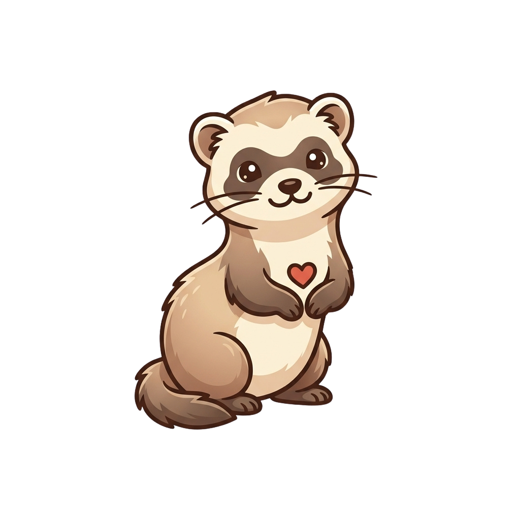 A friendly cartoon ferret sitting and holding a red heart with both paws