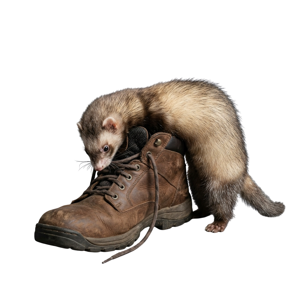 A small ferret with light brown fur sniffing inside a worn brown hiking boot.