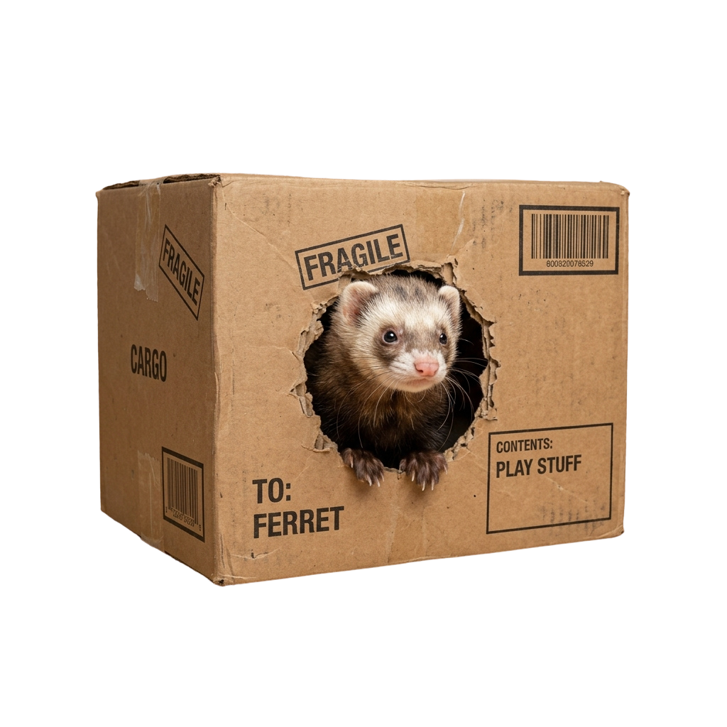 A ferret peeking out from a hole in a cardboard box labeled fragile and play stuff