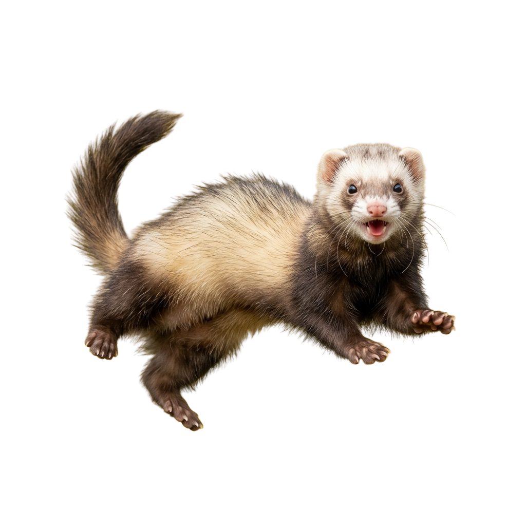 A ferret standing upright on its hind legs with front paws extended and mouth open