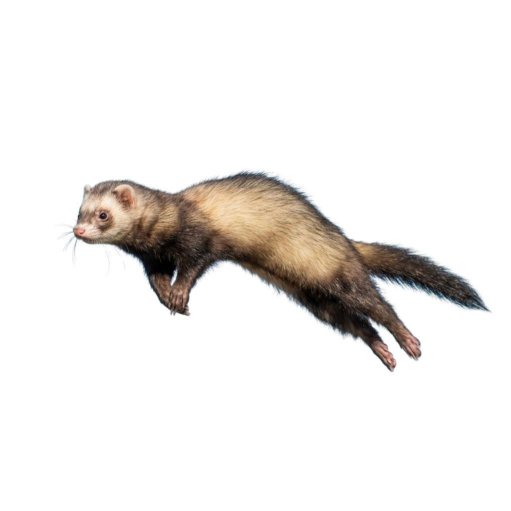 A ferret leaping through the air with fur in shades of brown and white