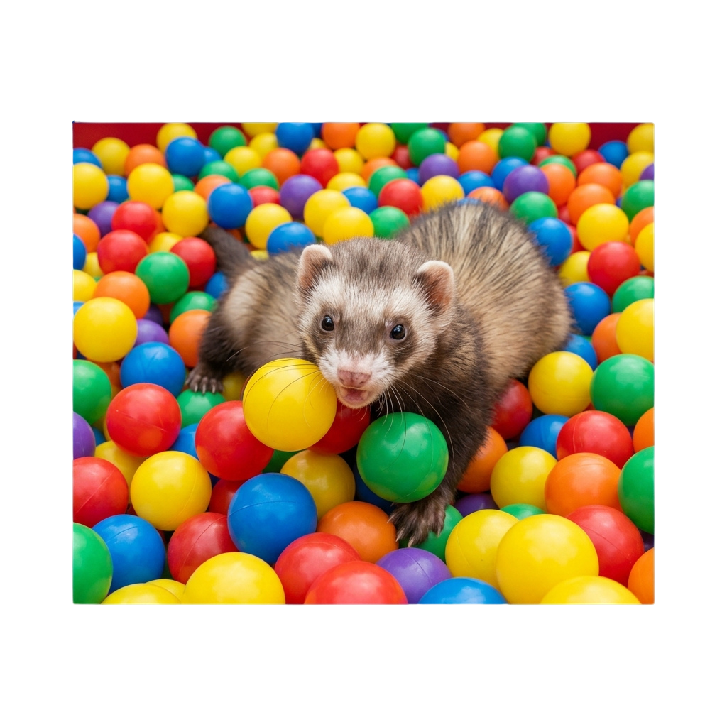 A ferret sitting among colorful plastic balls, holding a yellow ball in its paws