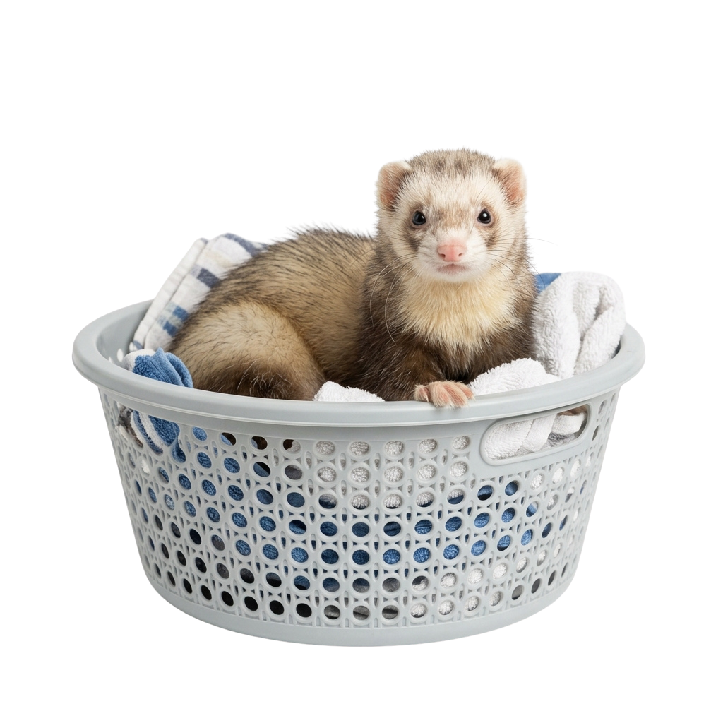 A ferret sitting comfortably inside a perforated laundry basket lined with towels.