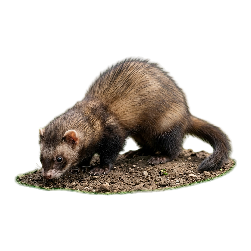 A ferret with brown and black fur digging into a patch of soil.