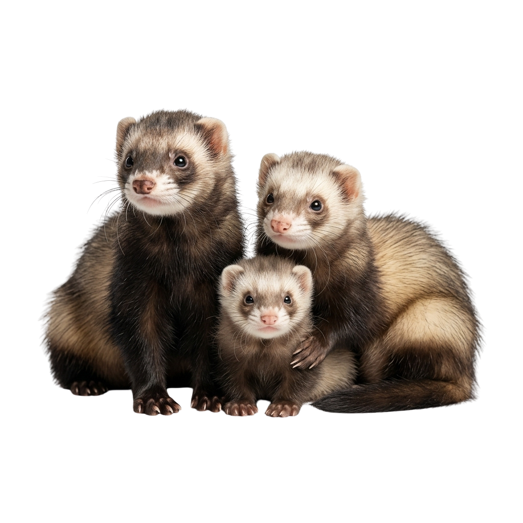 Three ferrets sitting closely together in a family group