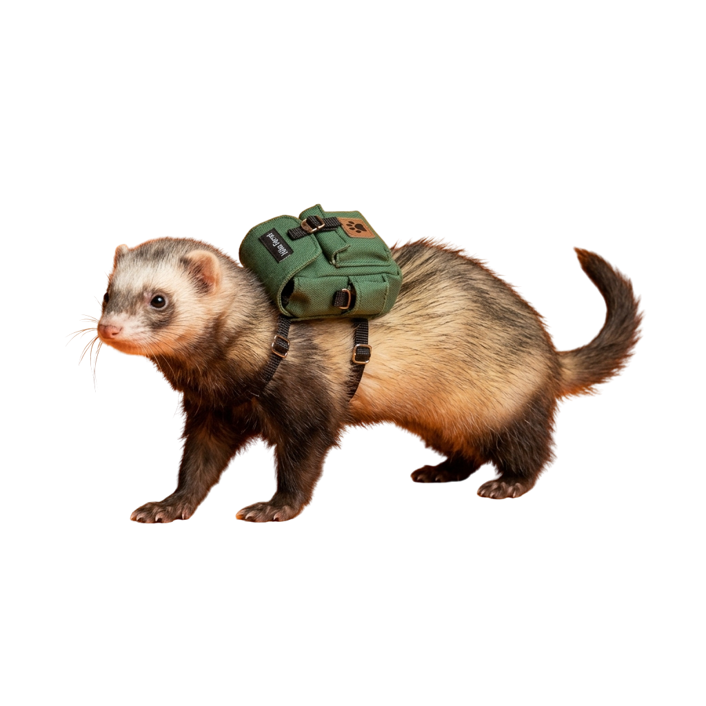 A ferret standing on four legs wearing a small green backpack harness